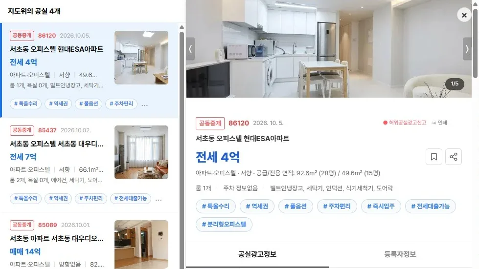 [공실뉴스 실매물 등록 검증] 공실뉴스에 공식 등록된 '서초동 오피스텔 현대ESA아파트' (전세 4억) 등록 현황