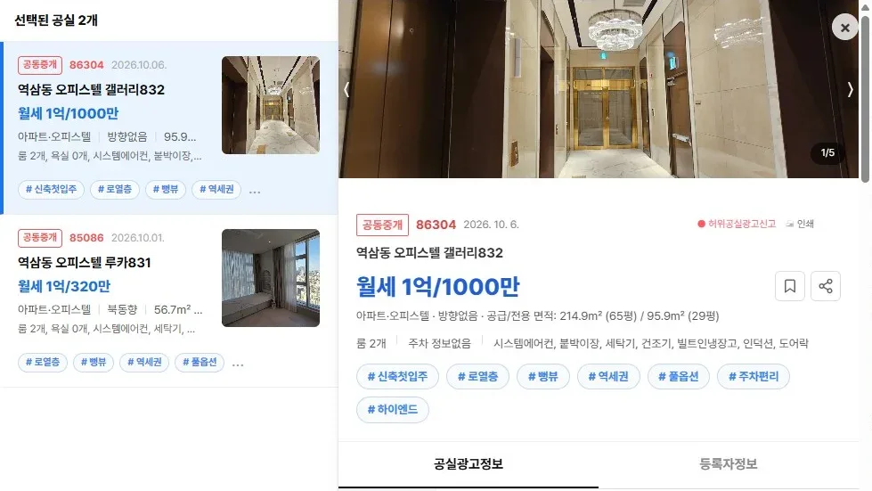 [공실뉴스 실매물 등록 검증] 공실뉴스에 공식 등록된 '역삼동 오피스텔 갤러리832' (월세 1억/1000만) 등록 현황
