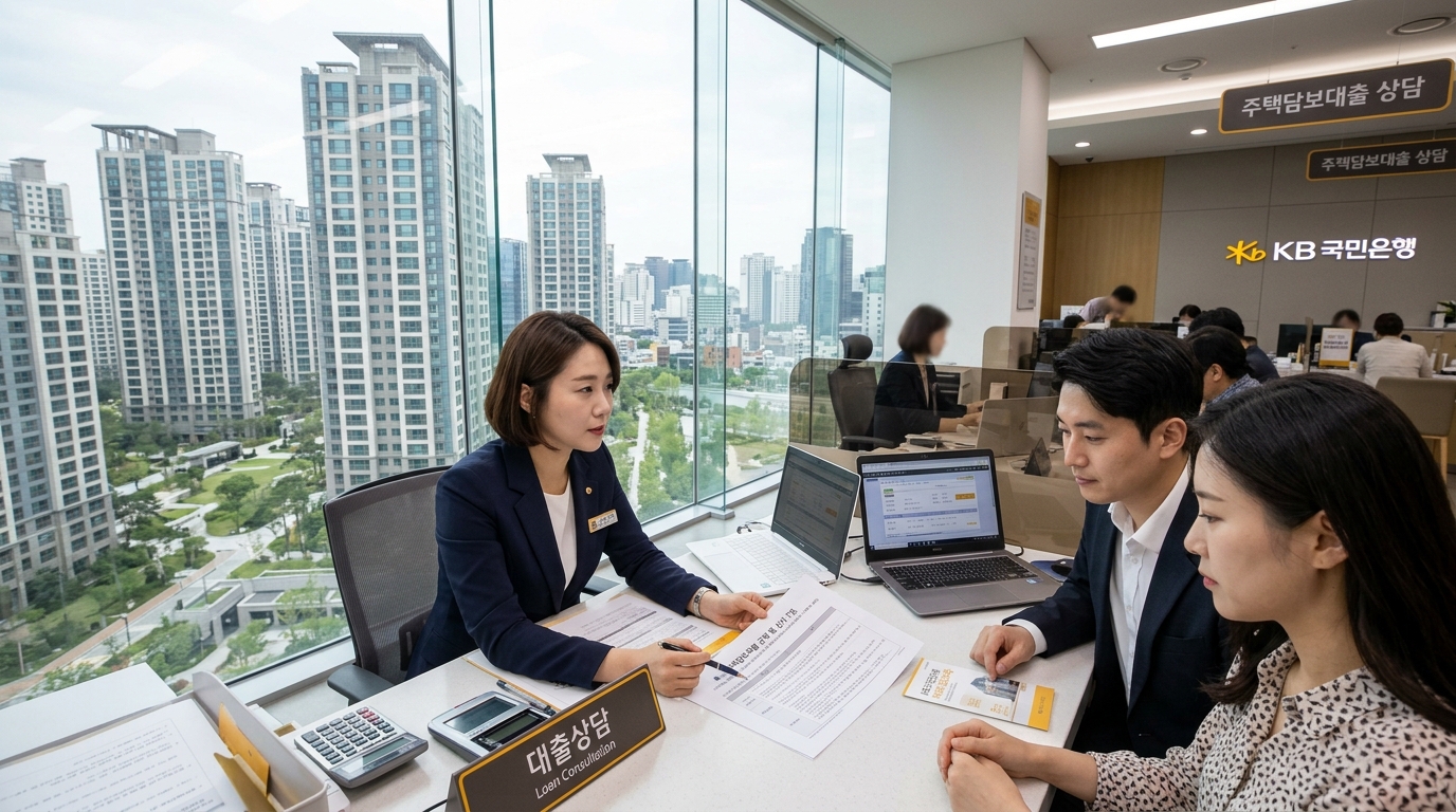 시중은행 주택담보대출 상담 창구와 서울 아파트 단지